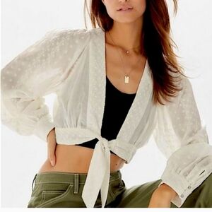 Urban Outfitters Alanis White Embroidered Front Tie Blouse Size S